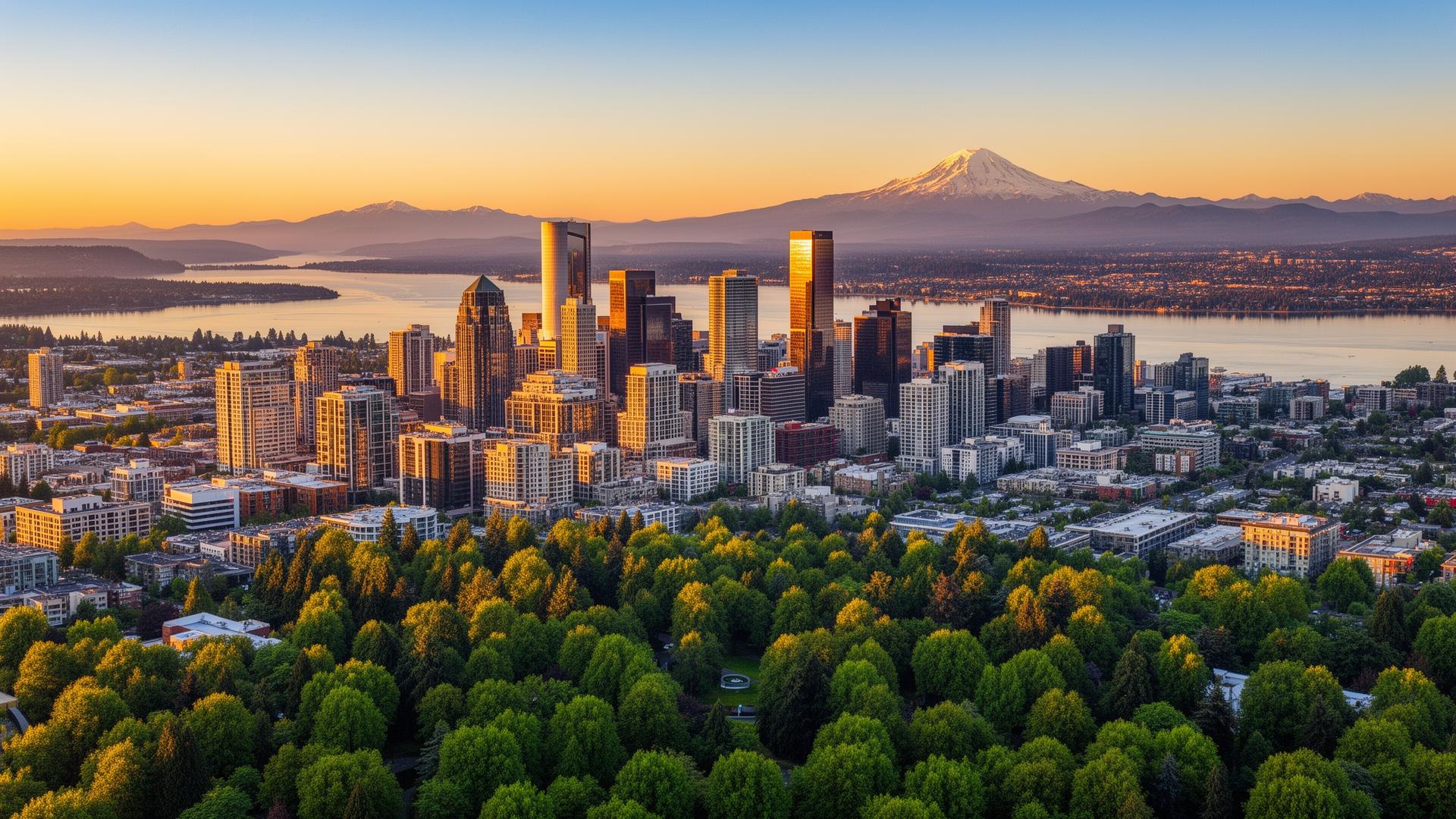 Aerial view of Bellevue, Washington skyline at golden hour with Mount Rainier and Lake Washington