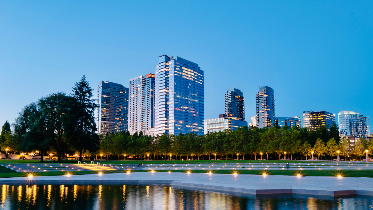 Bellevue Downtown Park with fountain and city skyline