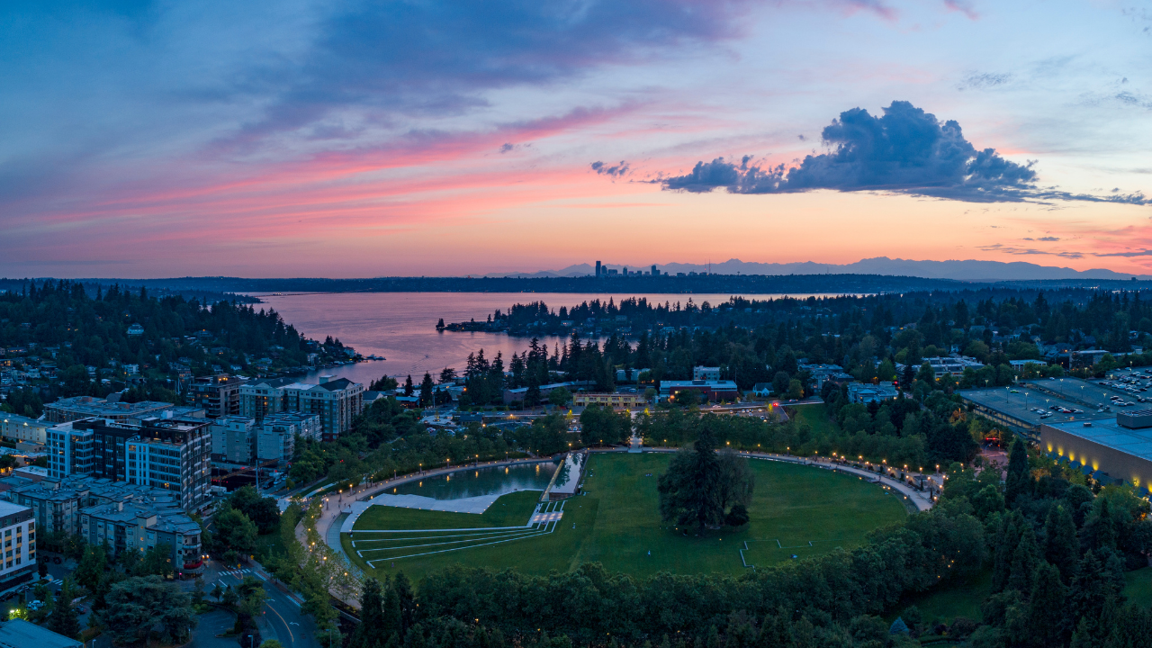 Aerial view of Bellevue Downtown Park and Lake Washington at sunset